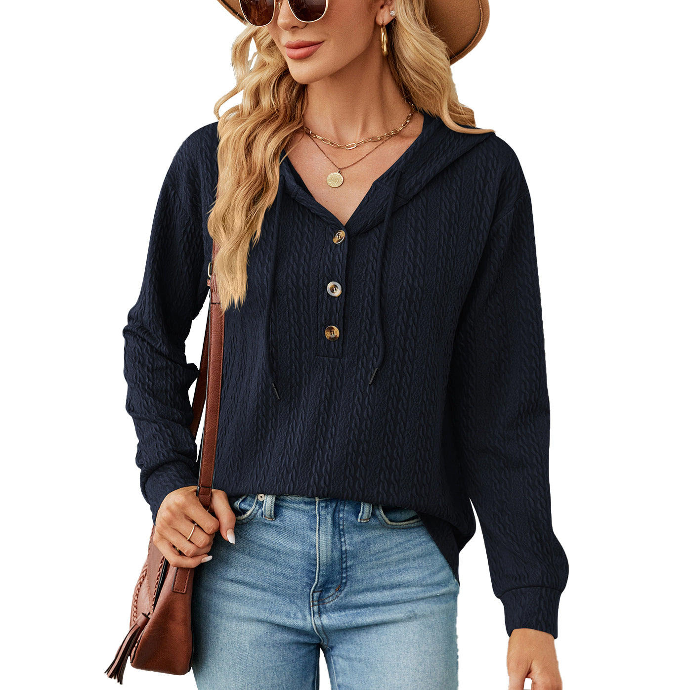 Women's Oversized V-Neck Button Hoodie Long Sleeve Top