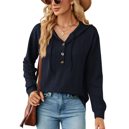 Women's Oversized V-Neck Button Hoodie Long Sleeve Top