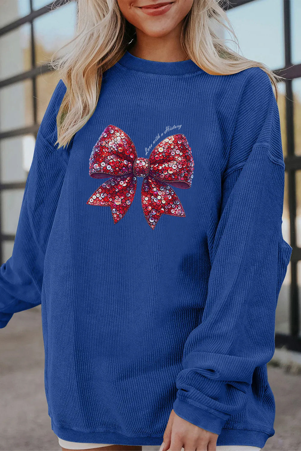Valentine Sequin Bow Heat Transfer Corduroy Sweatshirt