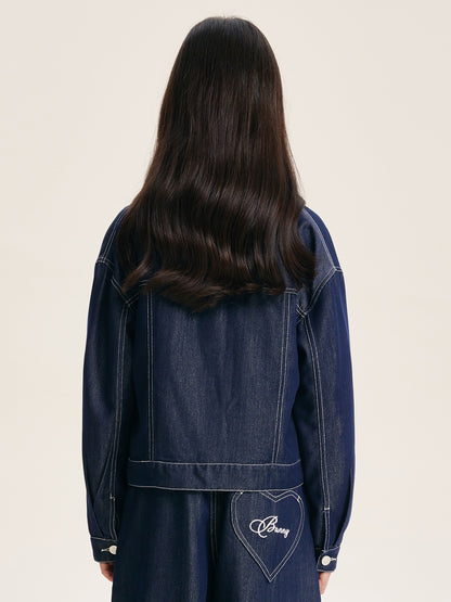 Girls Denim Jacket with Heart Pocket and Button Front