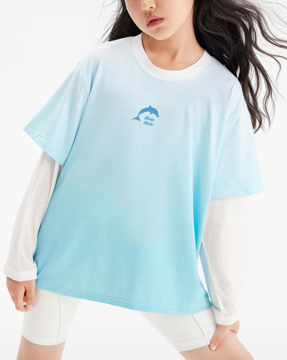 Girls Gradient Blue Short Sleeve Casual Sport T Shirt