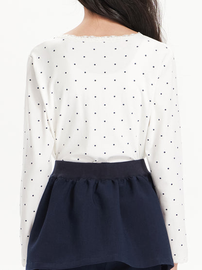 Girls Polka Dot Lace Trim Long Sleeve Tee with Logo