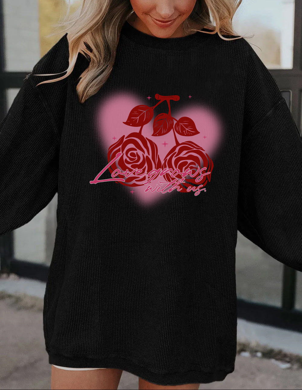 Valentine Rose Heart Corduroy Ribbed Oversized Sweatshirt