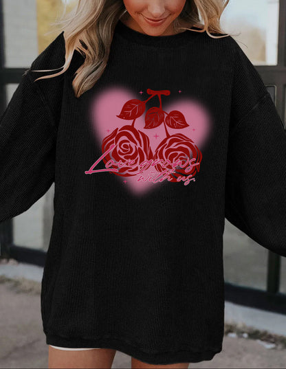 Valentine Rose Heart Corduroy Ribbed Oversized Sweatshirt