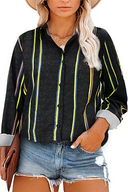 Striped Casual V-Neck Long Sleeve Chiffon Shirt Women's Tops Plus Size