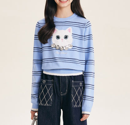 Cute Cartoon Cat Sequin Knit Sweater