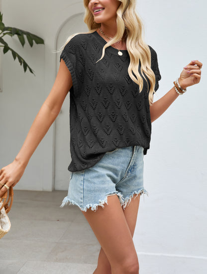 Womens Hollow Knit Top Crew Neck Cap Sleeve Summer Sweater
