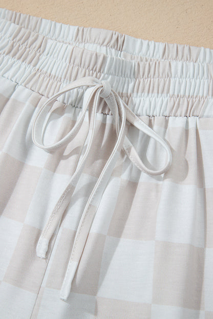 Beige Checkered Lounge Set V Neck Tee Shorts