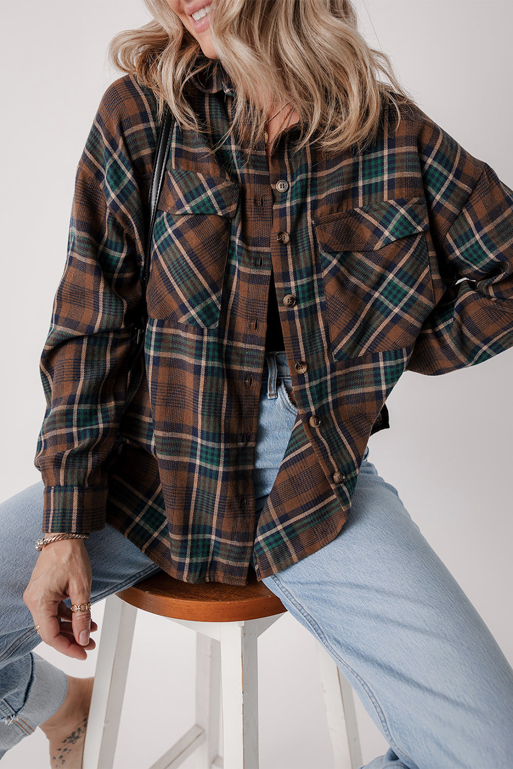 Brown Plaid Button-Down Shacket with Chest Pockets