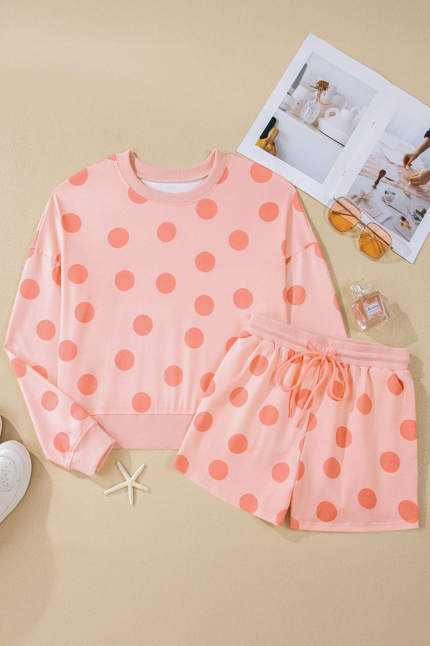 Pink Polka Dot Drop Shoulder Pullover Shorts Set