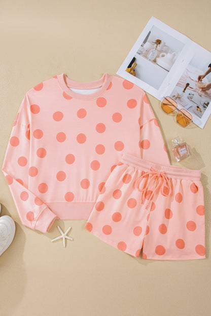 Pink Polka Dot Drop Shoulder Pullover Shorts Set