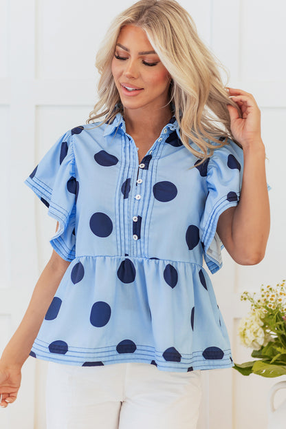 Women Polka Dot Ruffle Sleeve Button Blouse