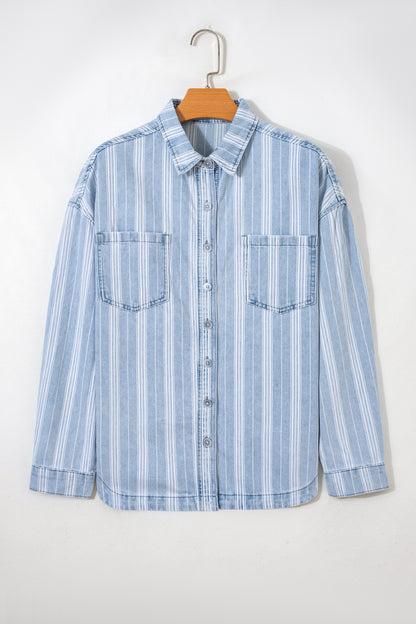 Striped Denim Shacket for Women Button Down Shirt Jacket