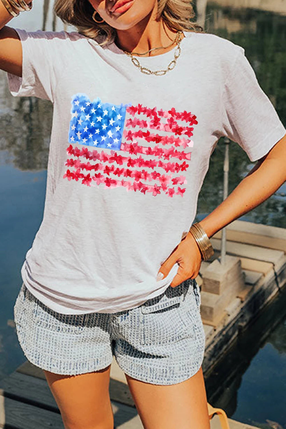 USA Floral Flag Tee Independence Day Patriotic Top