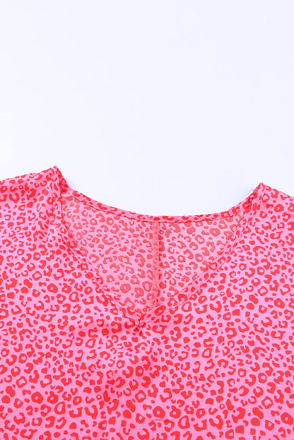 Rose Leopard Print Oversized Half Sleeve V Neck Top