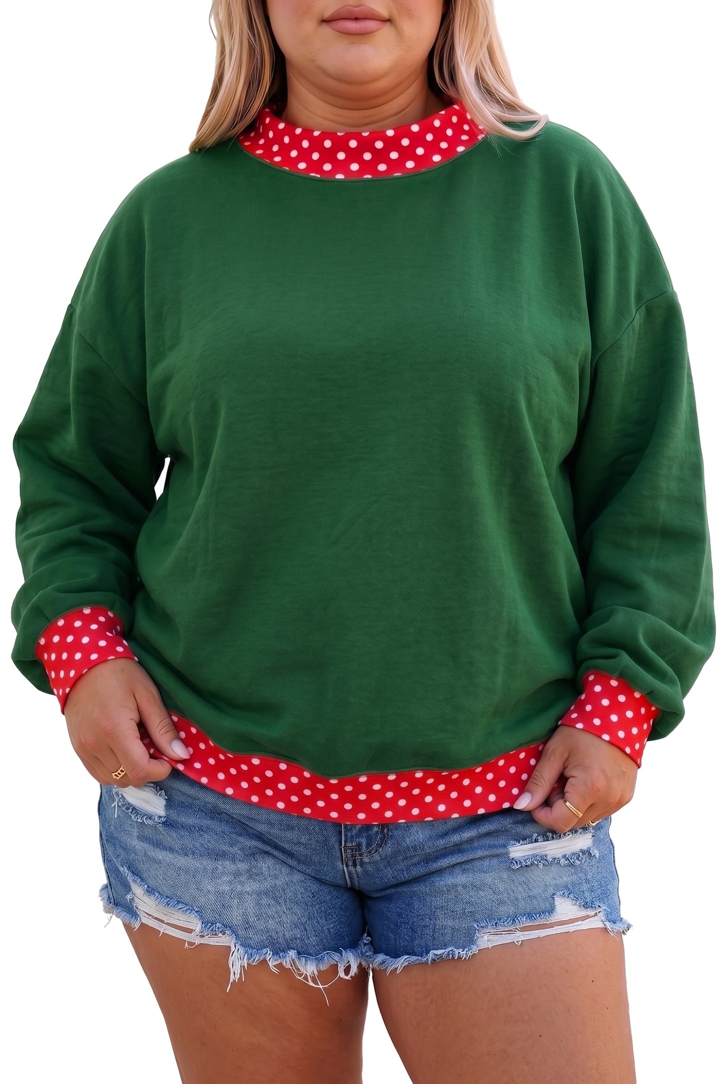 Polka Dot Trim Plus Size Crew Neck Tunic Sweatshirt