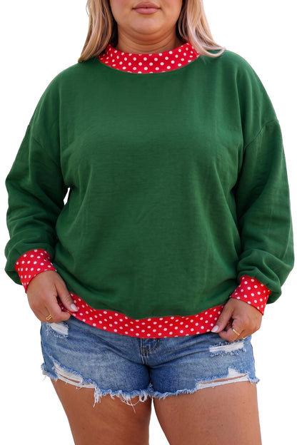 Polka Dot Trim Plus Size Crew Neck Tunic Sweatshirt