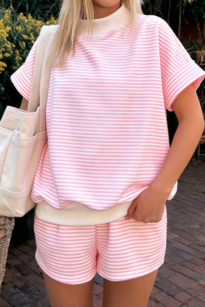 Casual Stripe 2 Piece Short Set Women Lounge Outfit