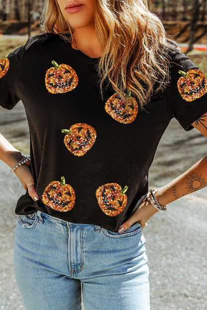 Women's Black Sequin Pumpkin Halloween T-Shirt