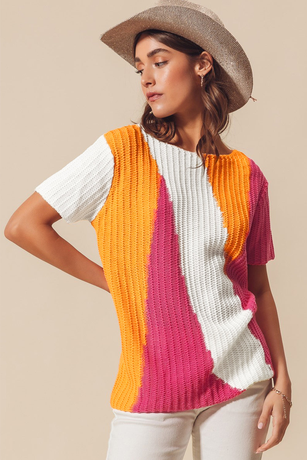 Orange Textured Knit Colorblock Short Sleeve Sweater