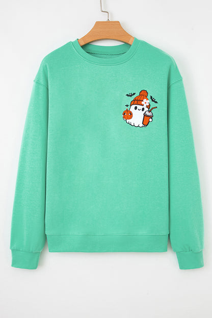 Aruba Blue Halloween Ghost Embroidered Casual Sweatshirt