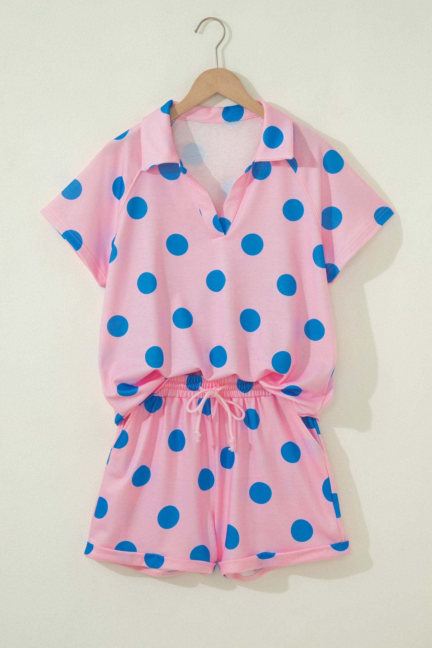 Green Polka Dot Lounge Set V Neck Tee and Shorts