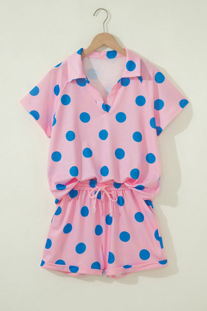 Green Polka Dot Lounge Set V Neck Tee and Shorts
