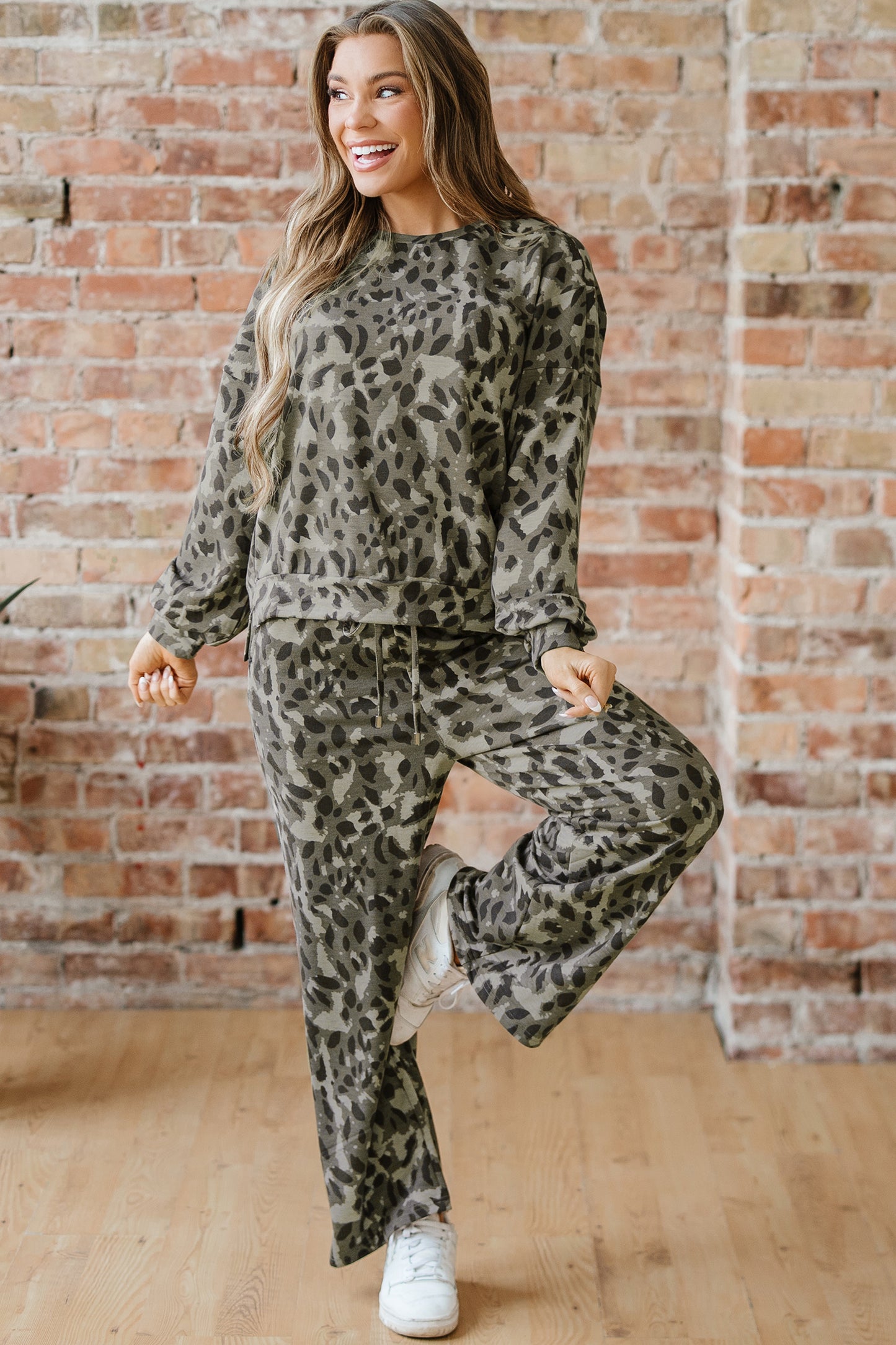 Leopard Print Pullover Two Piece Lounge Set