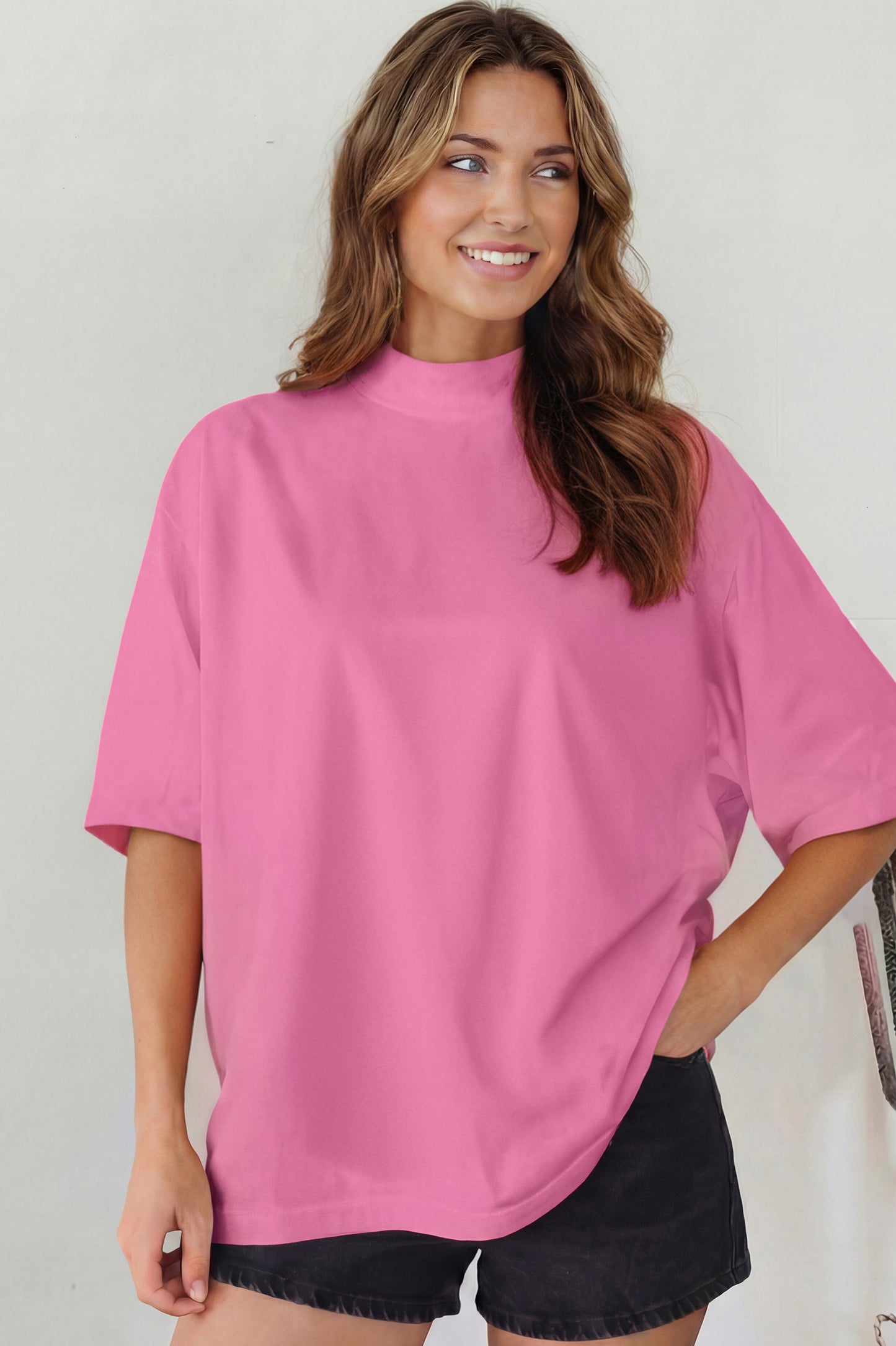 Dark Blue Oversized Mock Neck Tee Casual Relaxed Top