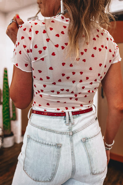 Racing Red Allover Heart Print Mesh Short Sleeve Top
