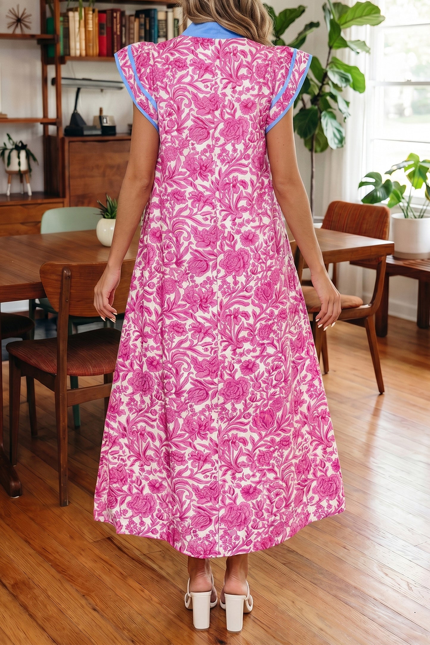 Floral Color Block V Neck Flutter Sleeve Midi Dress