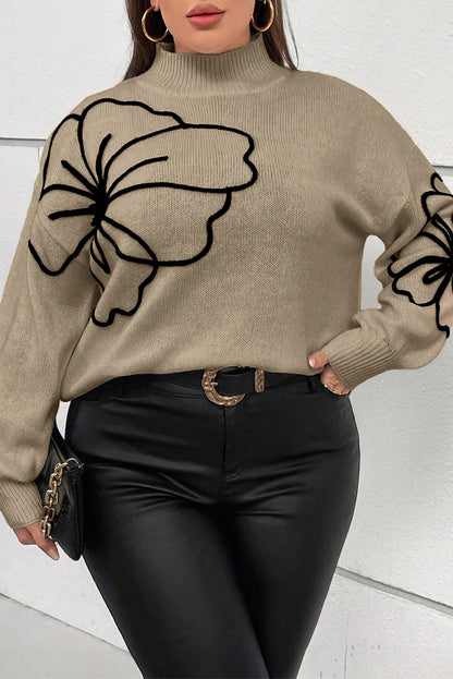 Dark Khaki Plus Size Big Flower Pattern High Neck Drop Shoulder Sweater