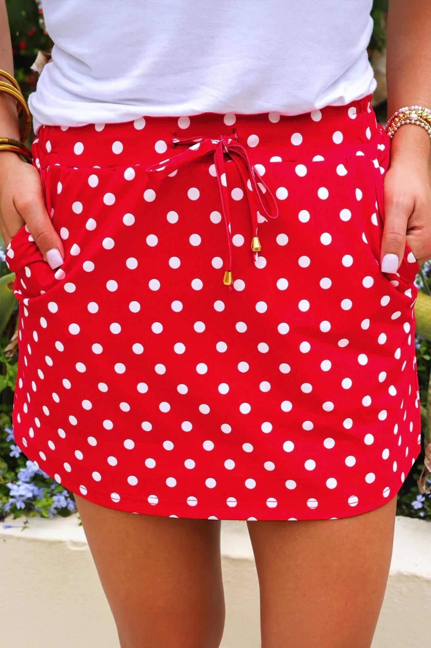 Fiery Red Polka Dot Drawstring Pocket Mini Skort Skirt