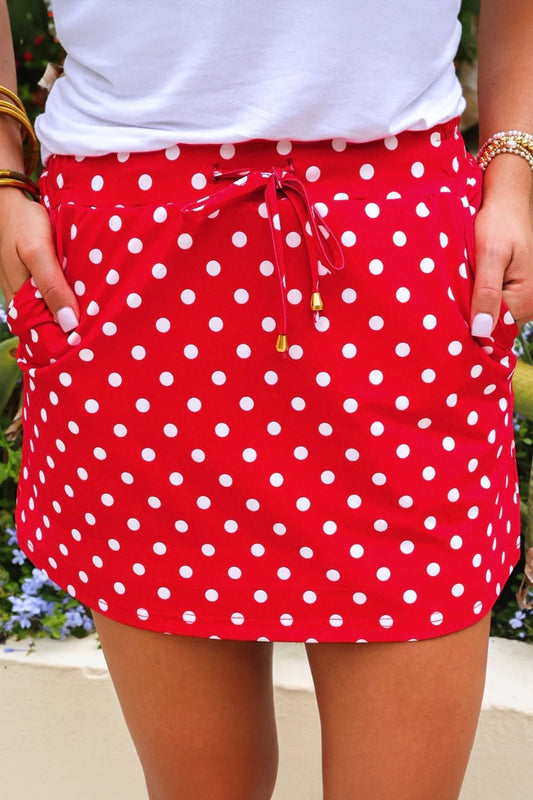 Fiery Red Polka Dot Drawstring Pocket Mini Skort Skirt