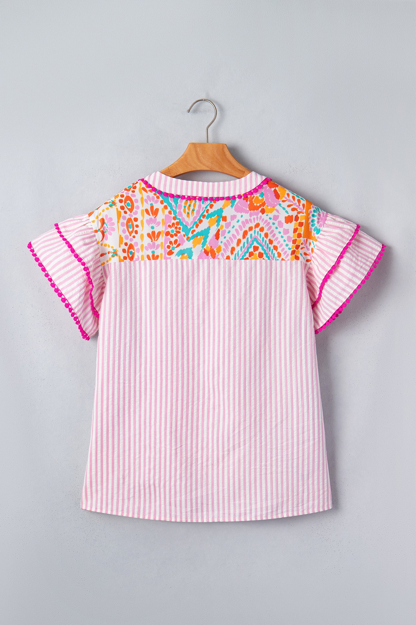 Boho Patchwork Print Flutter Sleeve V Neck Blouse