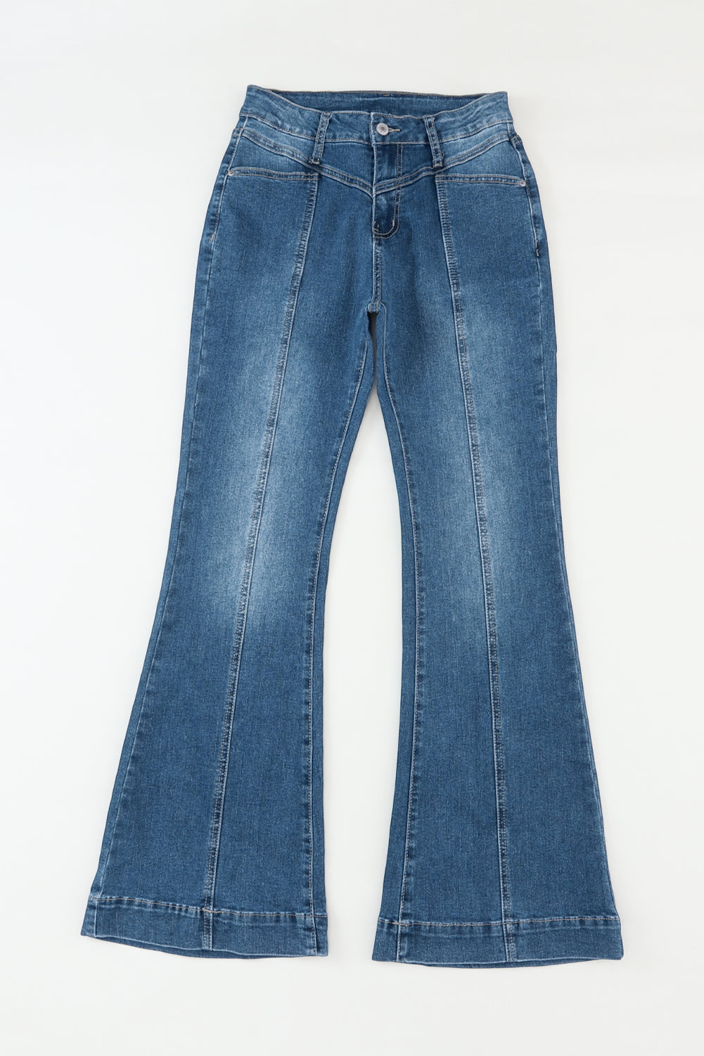 High Waist Flare Jeans with Contrast Seams & Pockets