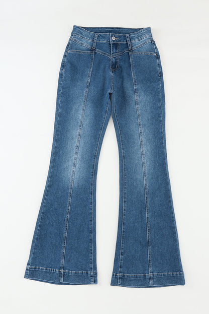 High Waist Flare Jeans with Contrast Seams & Pockets