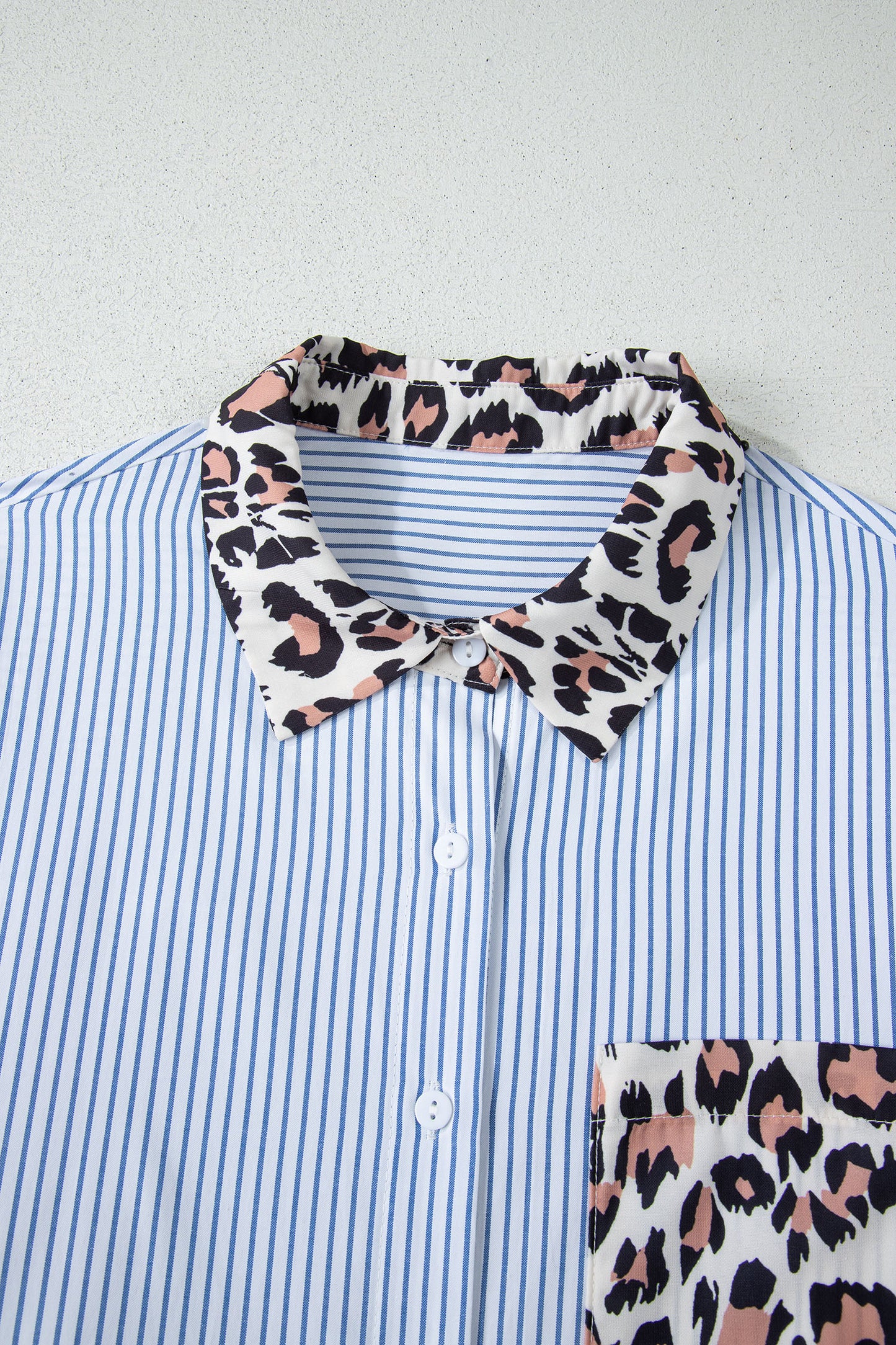 Sky Blue Striped Colorblock Leopard Patchwork Pocket Shirt