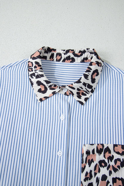 Sky Blue Striped Colorblock Leopard Patchwork Pocket Shirt
