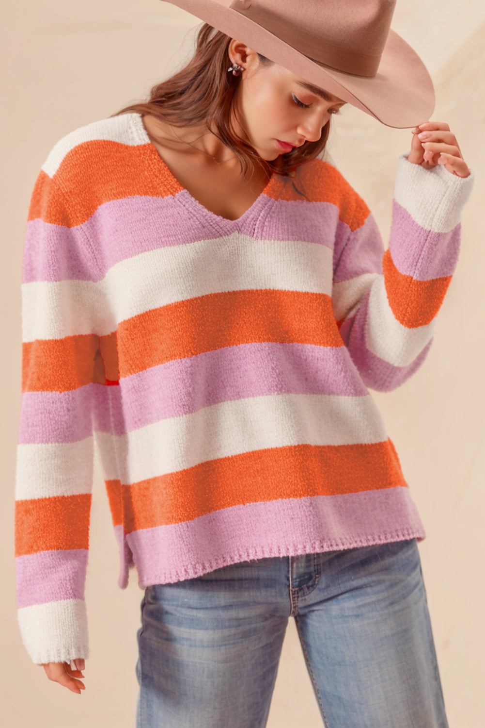 Orange Stripe Colorblock V Neck Casual Sweater