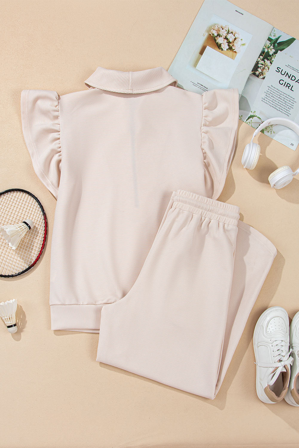 Textured Ruffle Sleeve Solid Color Two-Piece Set