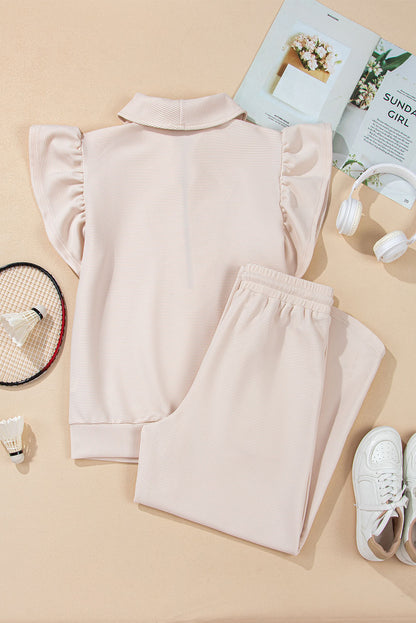 Textured Ruffle Sleeve Solid Color Two-Piece Set