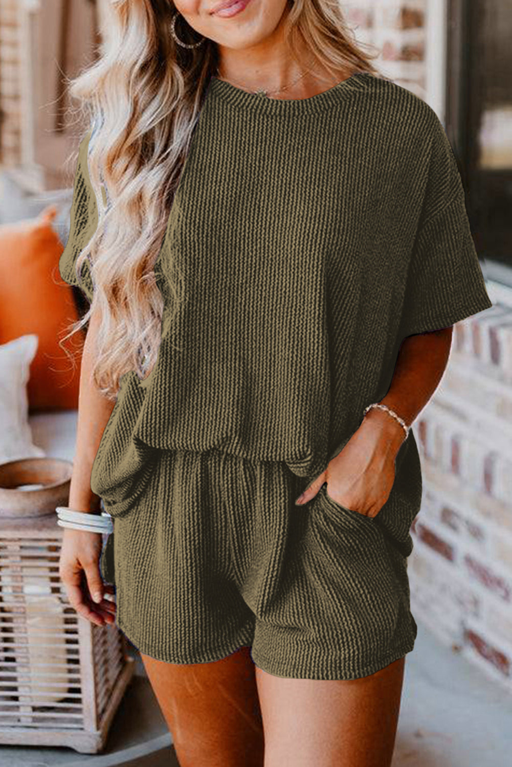 Ribbed Textured Knit Loose Fit Tee and Shorts Set