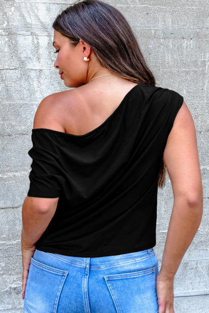 Pink Plus Size Asymmetric Neck Short Sleeve Blouse