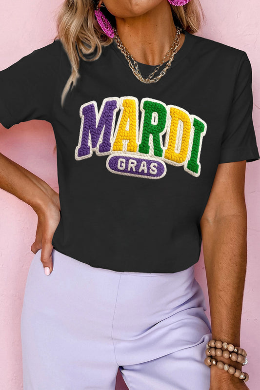 Black Mardi Gras Faux Yarn Letter Graphic Tee