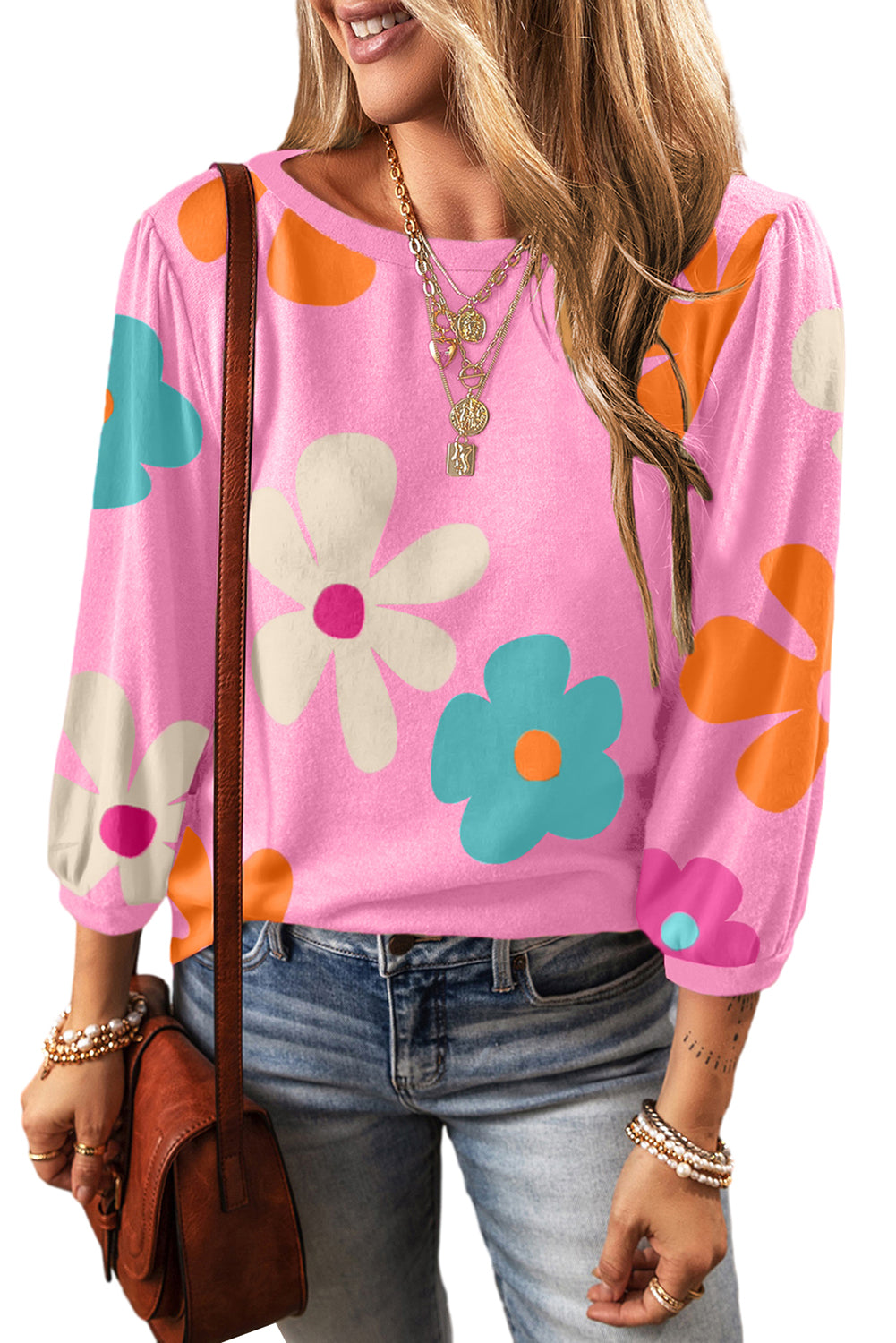 Rose Cute Flower Print Bracelet Sleeve Top