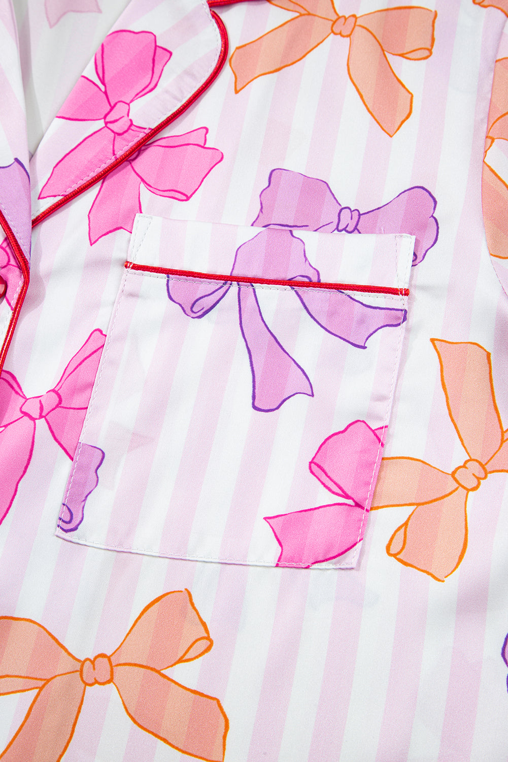 Pink Striped Bow Print Contrast Trim Pajama Set