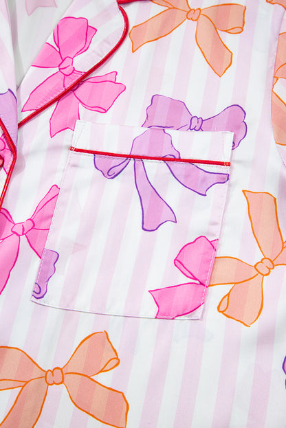 Pink Striped Bow Print Contrast Trim Pajama Set