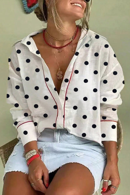 White Polka Dot Contrast Trim Button Up Blouse