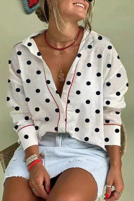 White Polka Dot Contrast Trim Button Up Blouse